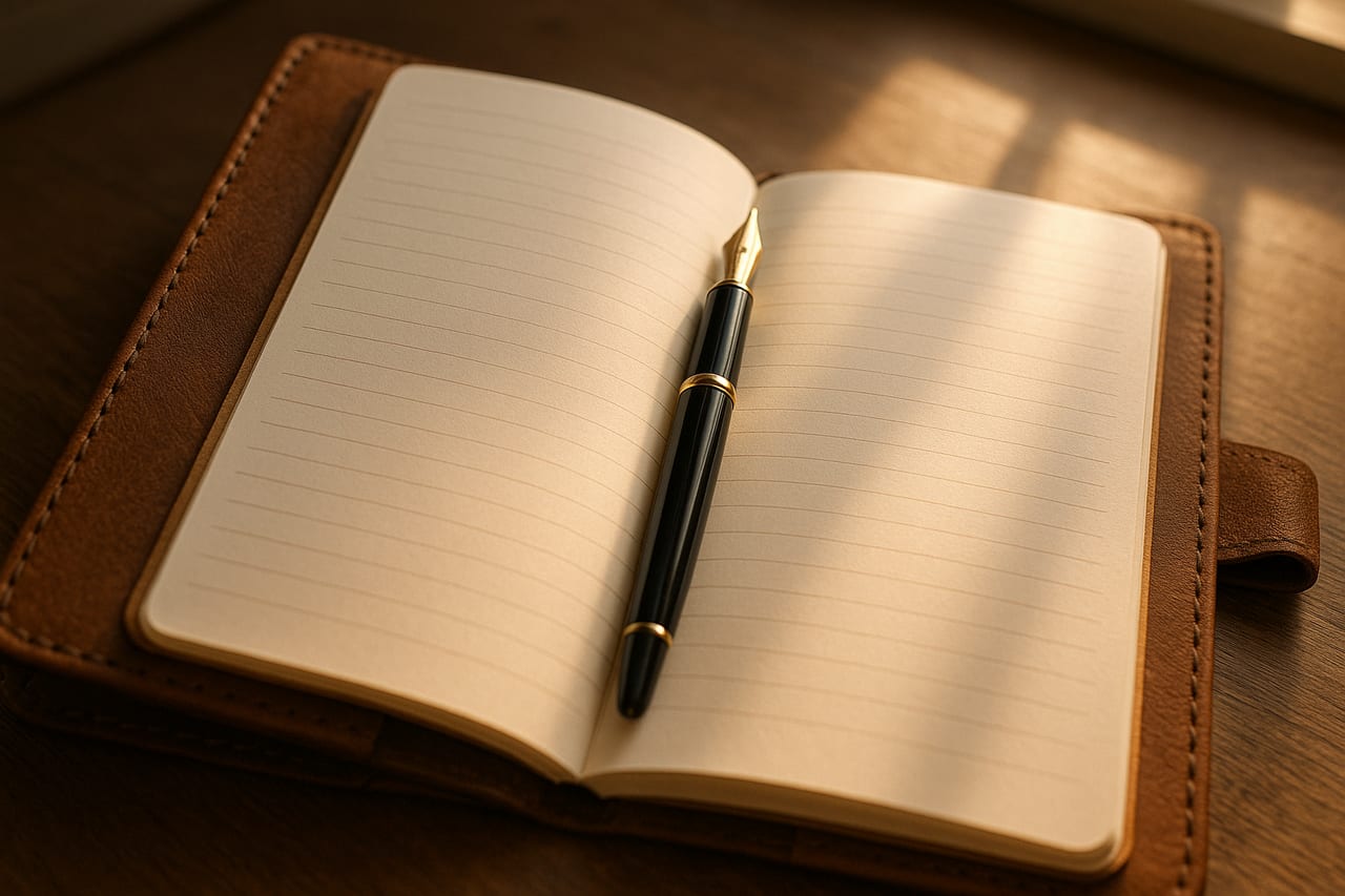 A leather-bound notebook open to a fresh page, a fountain pen resting in the gutter, soft window light catching the unwritten paper.