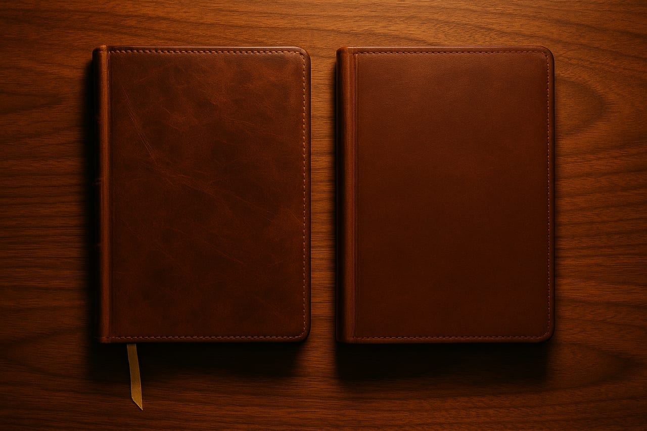 Two leather-bound notebooks closed side by side on a warm walnut desk, one with a brass ribbon marker tucked between pages, the other unmarked and pristine, amber lamplight catching the spines.