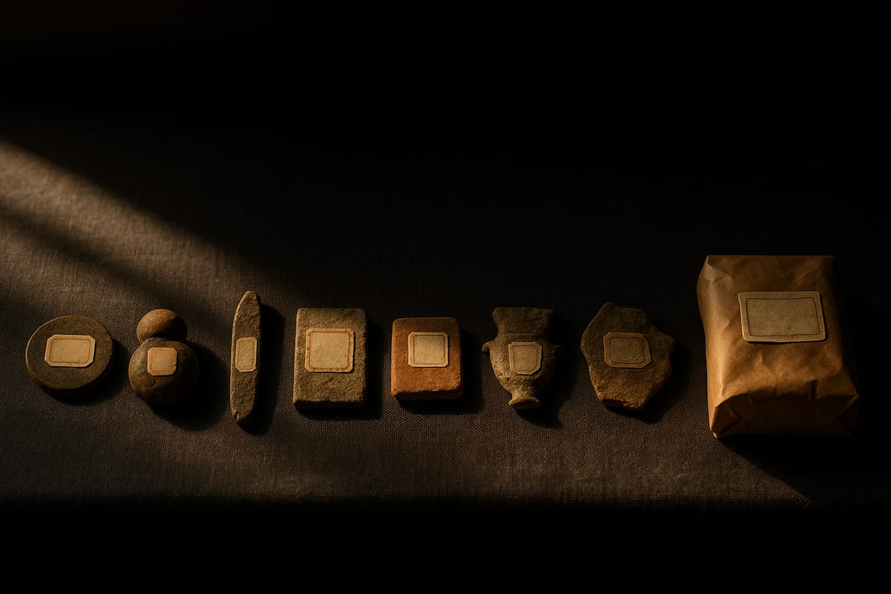 Nine small artifacts laid out in a row on a dark linen workbench, each unmistakably part of the same visual family, the rightmost still half-wrapped in paper as if just delivered.