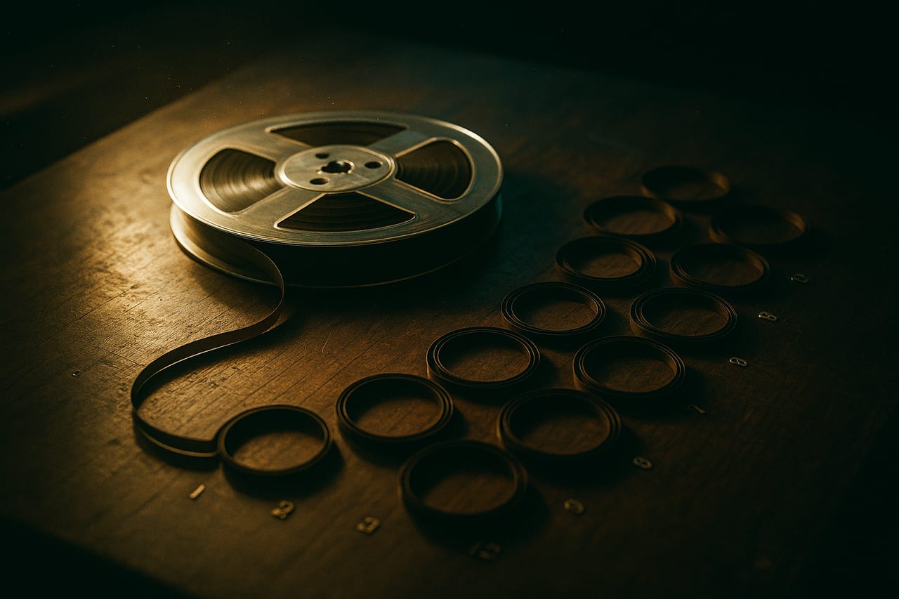 A single magnetic recording reel resting on a wooden bench, its tape unspooled in twelve neat coils labeled one through twelve, soft side light catching the polished spindle.