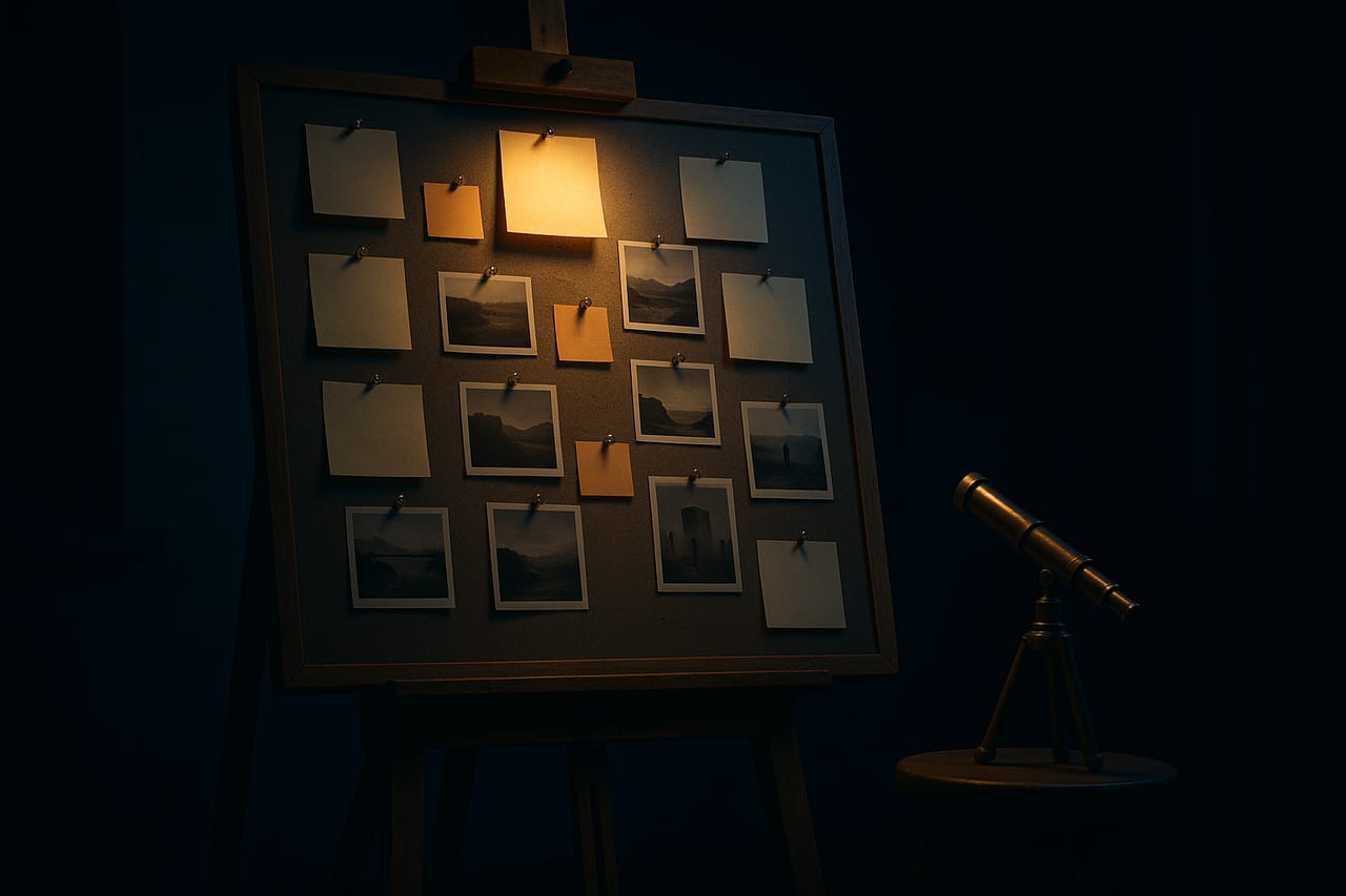 A dim studio with an easel holding a moodboard of pinned notes; a warm spotlight falls on one clipped note card at the top while a small brass spyglass on a stool points up at the board.
