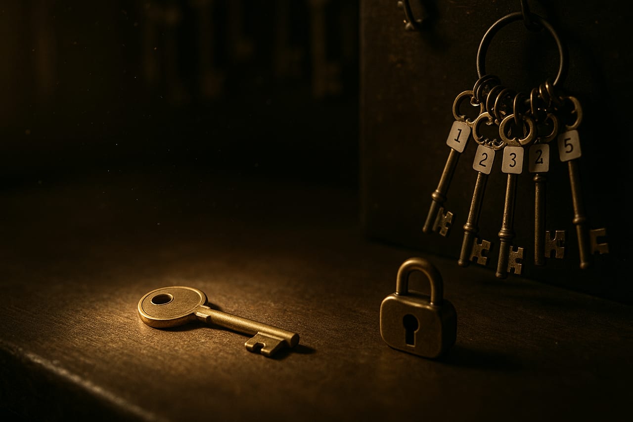 An unlabeled brass key under a spotlight on a locksmith's counter, matching a small brass lock in the foreground, while a ring of ornately labeled keys hangs unused beside it.
