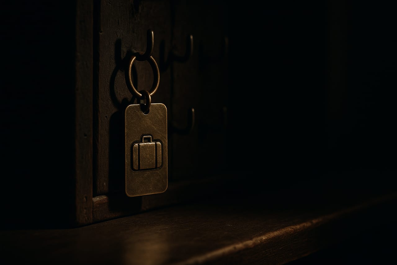 A single brass left-luggage claim tag hanging from a numbered hook on a worn wooden board behind a dim counter, lit by a hard side light, the surrounding hooks empty and in shadow.