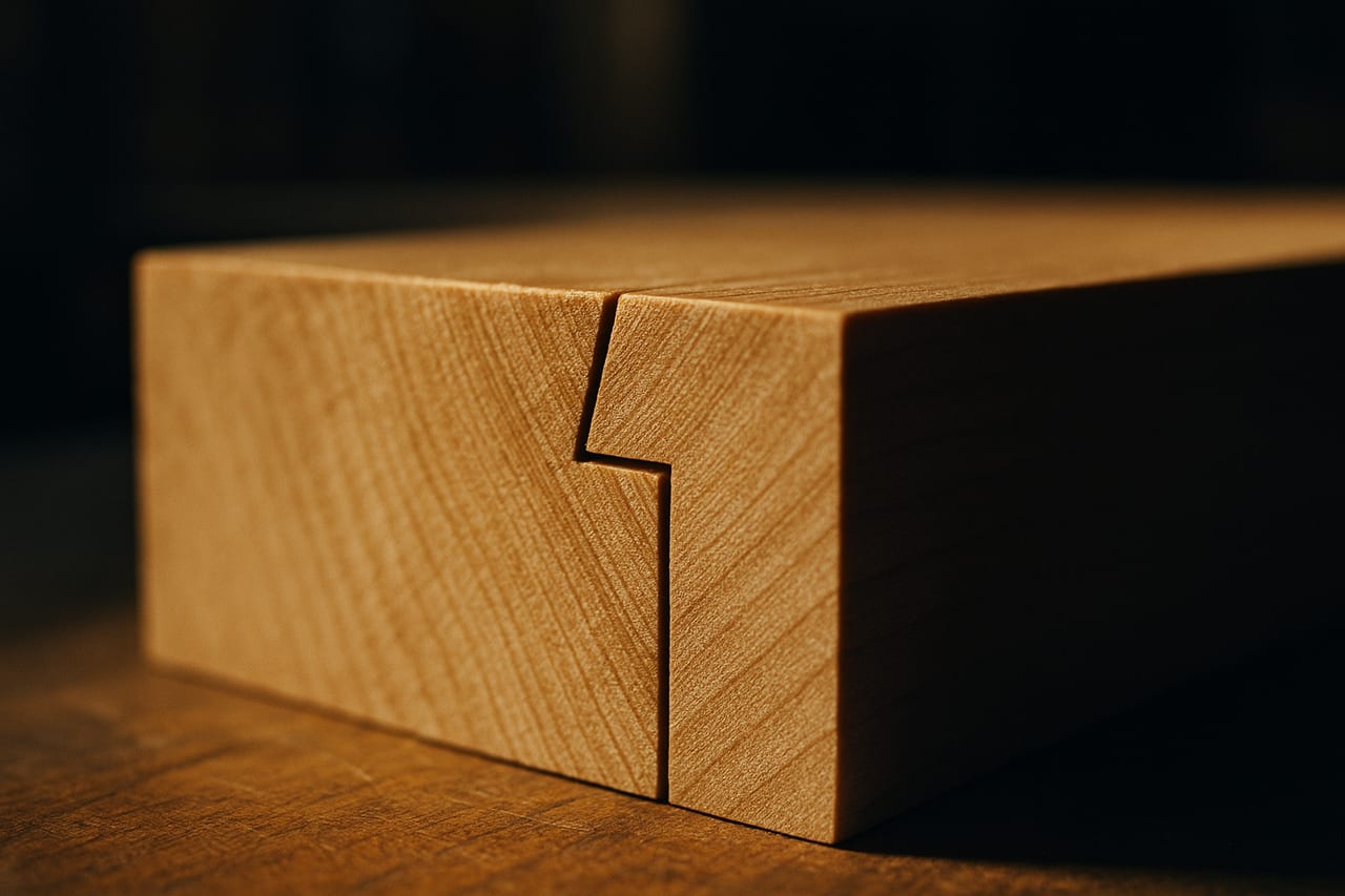 Extreme close-up of a hand-cut dovetail joint where two pieces of pale wood interlock, raking light catching the exact seam line where they fit together, the rest falling into shadow.