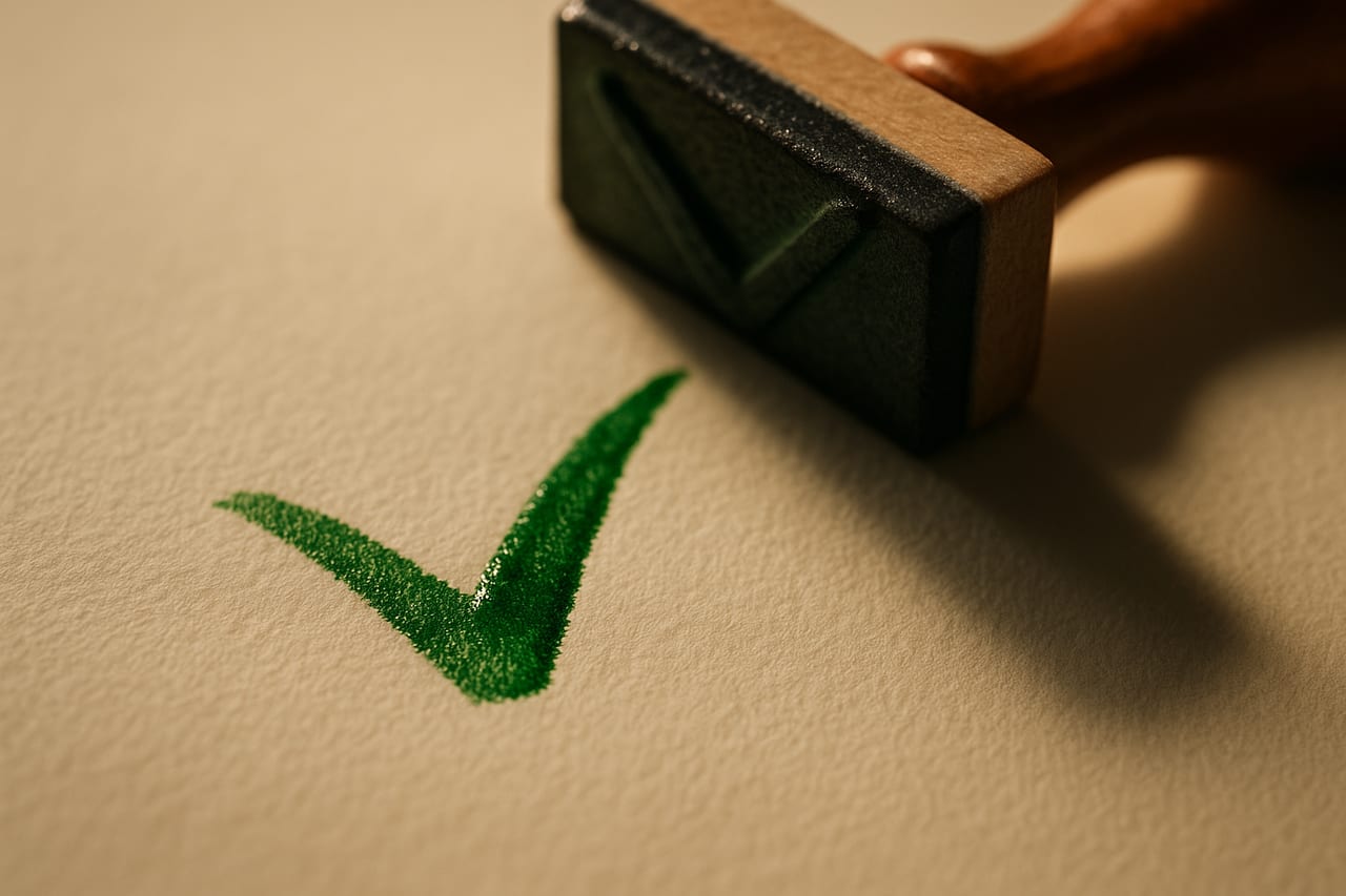 A fresh rubber-stamp impression of a single check mark pressed into cream paper, the green ink still wet and glistening at the center while the edges have dried matte, a wooden-handled stamp resting just out of focus beside it.
