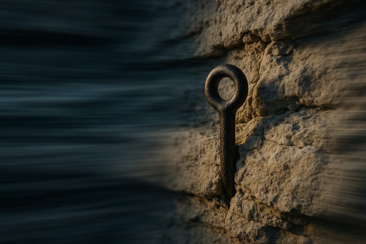 A single forged iron anchor point set deep into pale weathered stone, sharp and still in raking light, while the surrounding rock and air dissolve into long motion blur, the one fixed thing in a frame that is otherwise moving.