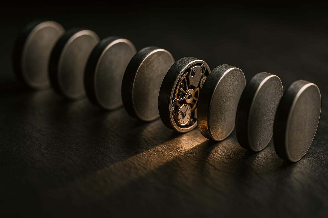 A row of identical polished metal tokens standing on edge on a dark surface, one of them sliced cleanly open to reveal a tiny working clock mechanism inside, the others solid and silent, a single shaft of light raking across the cut face.