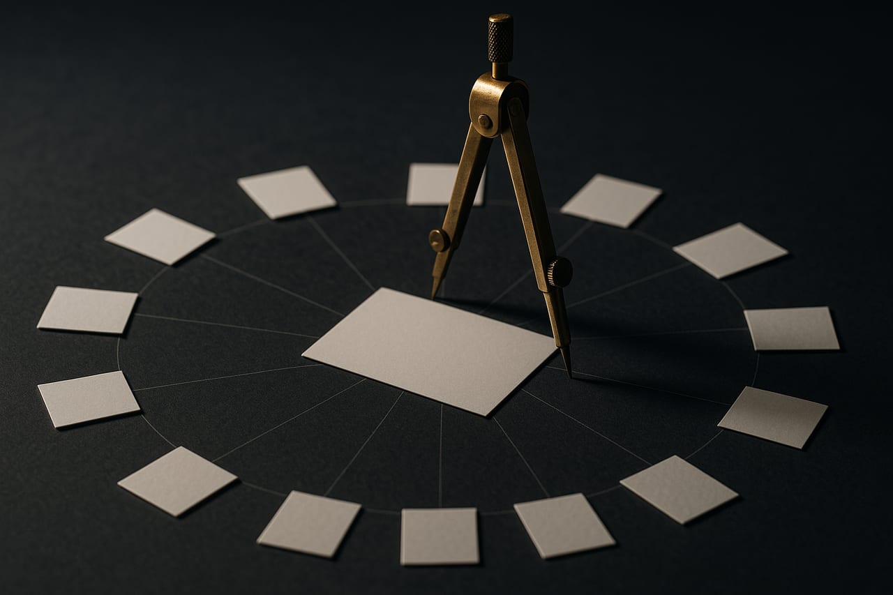 A brass drafting compass standing upright on dark slate, having just scribed one clean circle; small blank paper cards are pinned at even intervals around the circle's edge with a single card at the exact center, faint construction arcs radiating outward, a low raking light catching the metal and the paper edges.