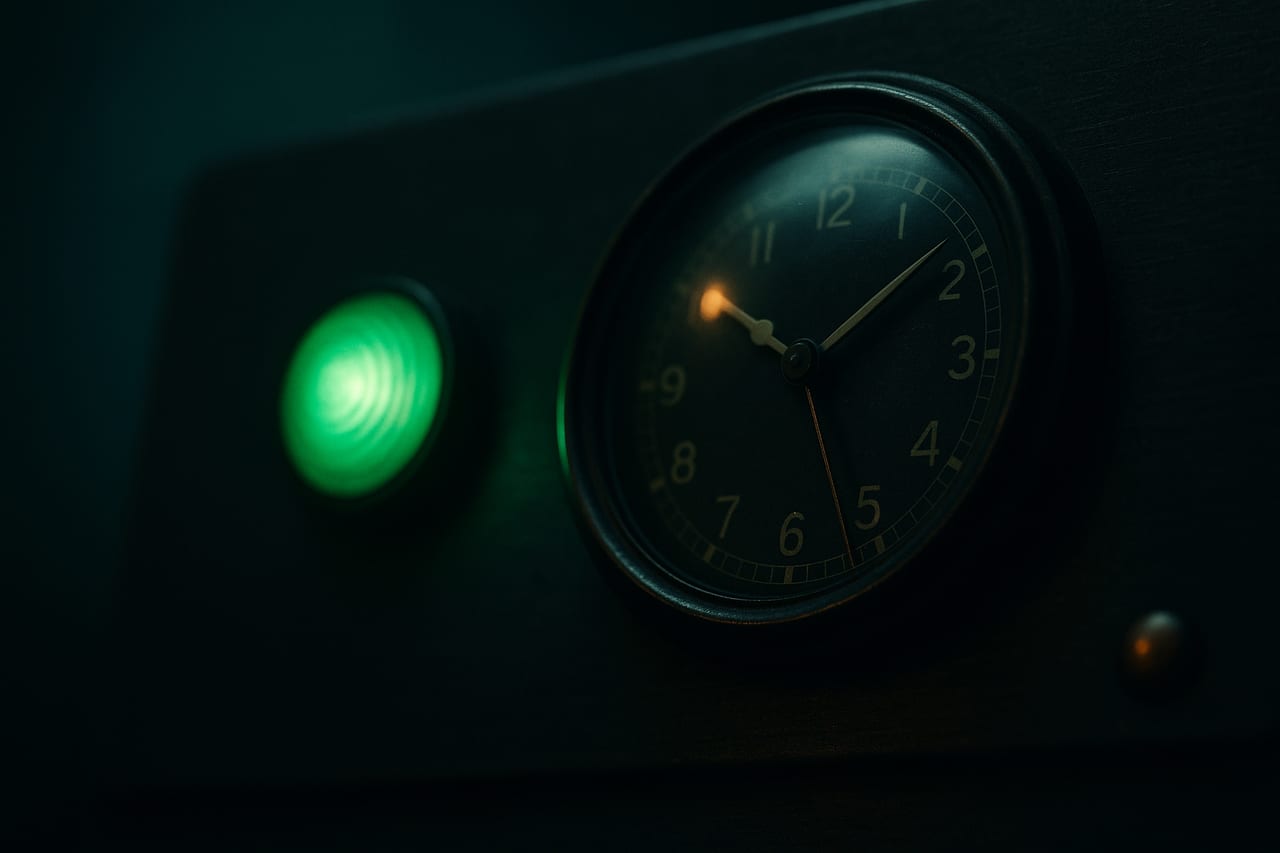 A single green indicator lamp glowing on a dark control panel, its light reflected in the curved glass of an analog clock face beside it.