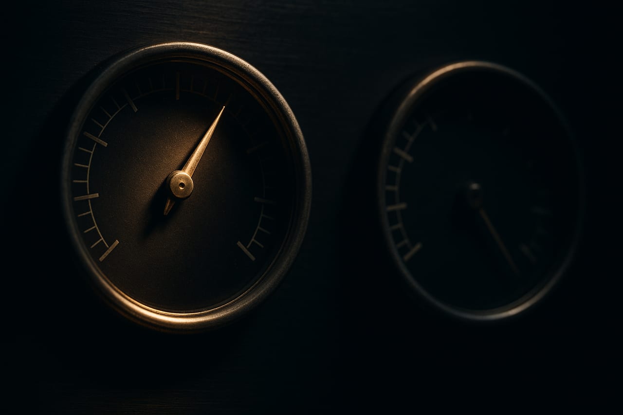 Two round analog gauges side by side on a dark machined panel; the left gauge's needle is swung high and catching a warm raking light, while the right gauge's needle lies flat at its bottom rest, pinned at zero, in shallow focus.