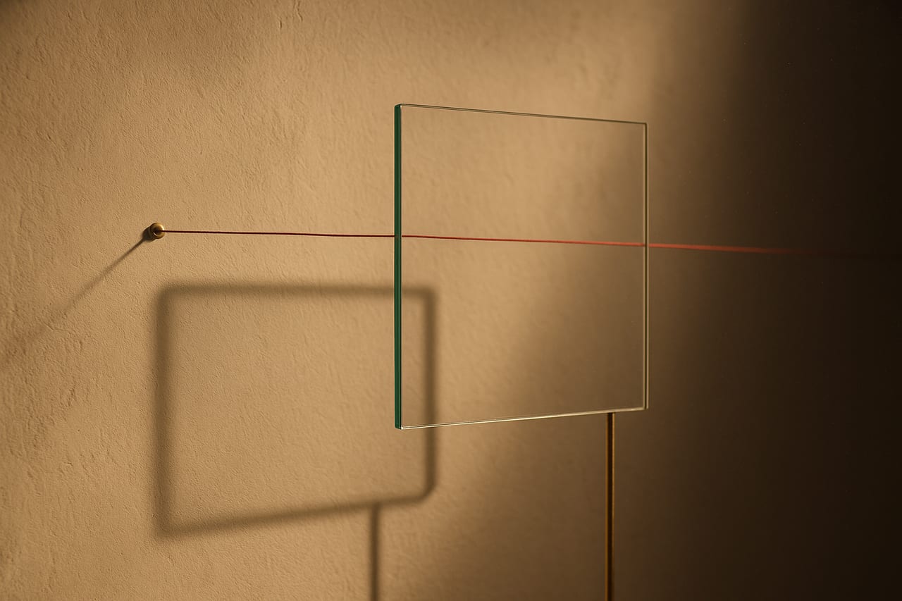 A pane of glass held a hand's width in front of a wall, casting a clean shadow on the wall behind it; a thin taut thread runs from a pin on the wall, passing straight through where the glass floats, showing the glass sits in front in the picture but the thread still connects to the wall behind.