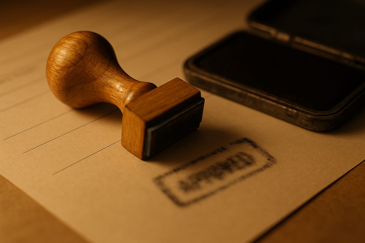 A rubber stamp pressed onto a paper form, leaving a clean ink mark, with the mark itself blurred past reading so the page shows that a stamp landed without showing whether it said approved or denied.
