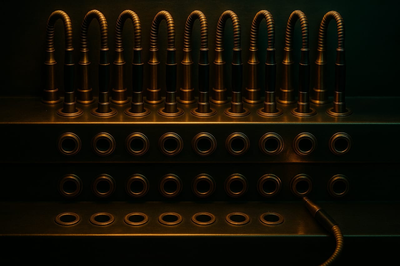 A vintage brass switchboard with two identical rows of patch sockets; the top row fully wired, the bottom row identical except for one empty socket with its cable left unplugged beside it.