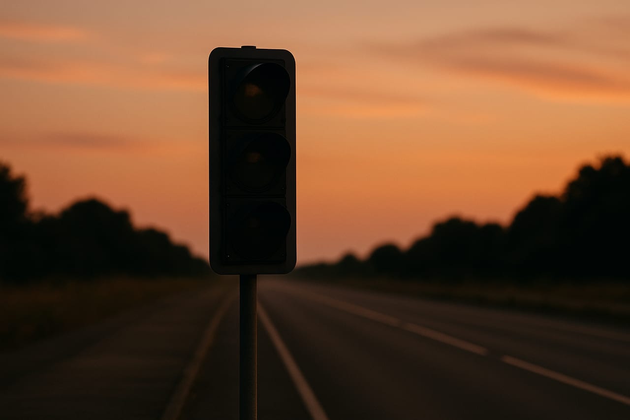 A single traffic signal on an empty road at dusk with all three lamps unlit and dark, neither red nor green, waiting for power.
