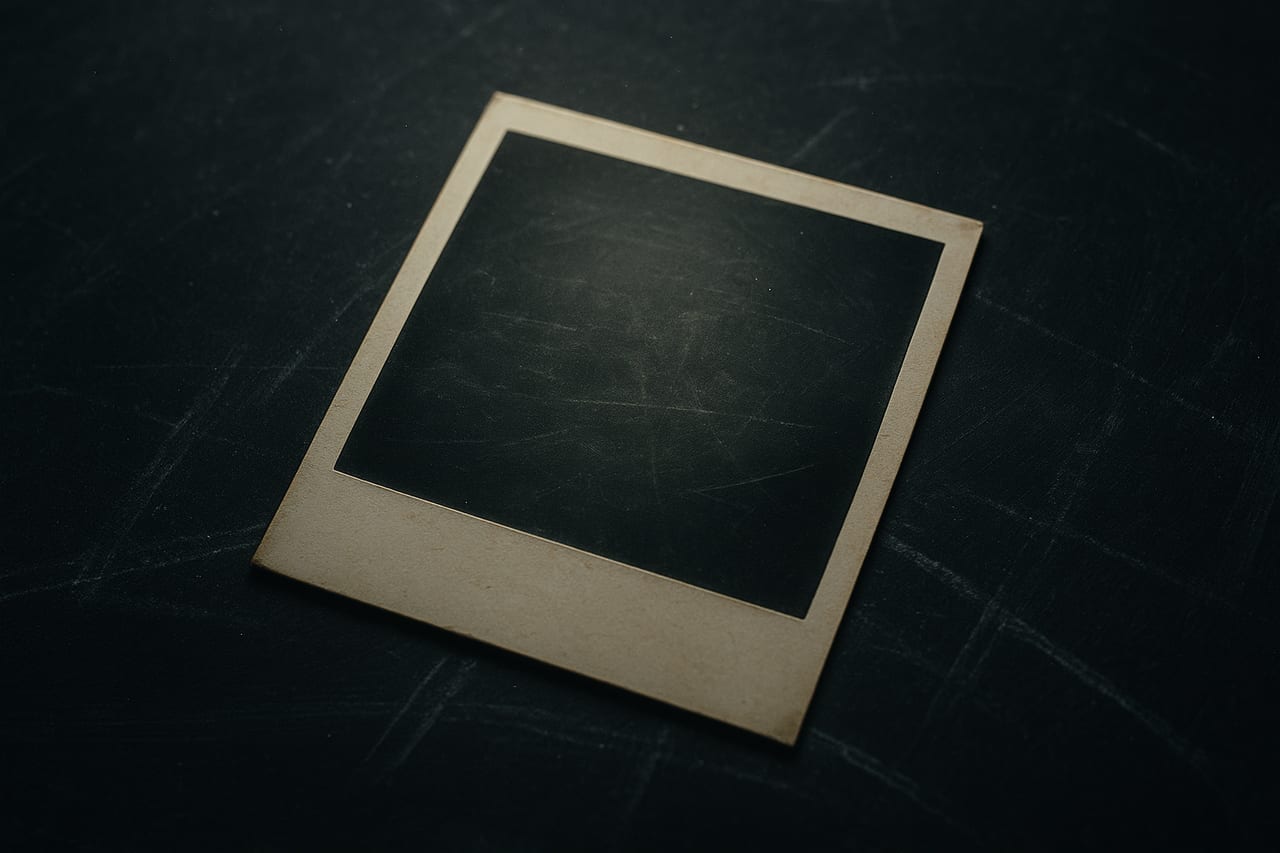 A faded instant photograph of a chalkboard laid flat on top of the same chalkboard, its newer marks half hidden beneath the old print.