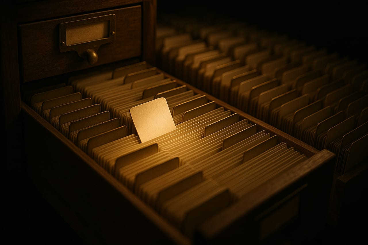 A pulled-open library card catalog drawer of identical index cards, with a single card filed behind the wrong divider, askew and lit, while the rest recede into shadow.
