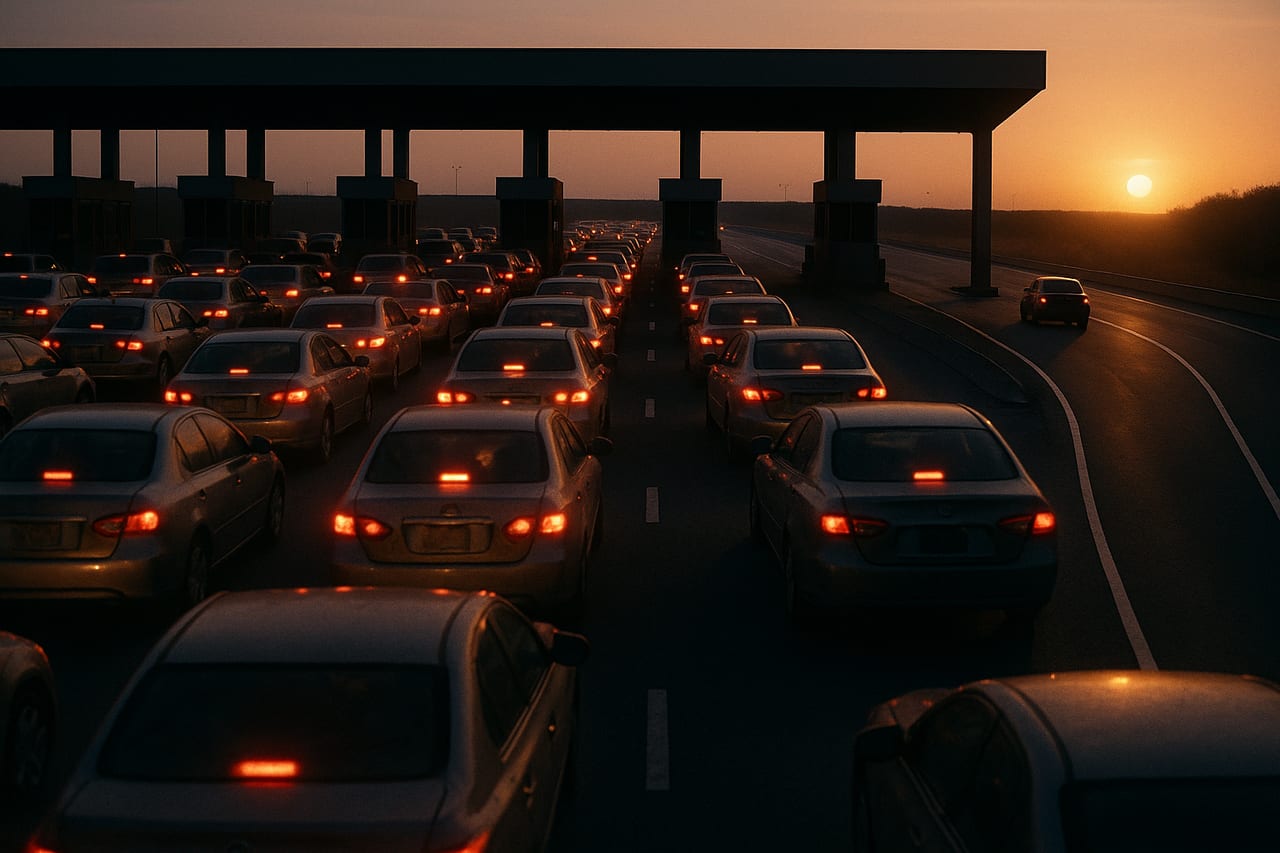 A jammed multi-lane toll plaza at dusk, identical cars funneling toward one narrow gate with red brake lights packed together, while a single car peels off onto an open lane curving toward the setting sun.