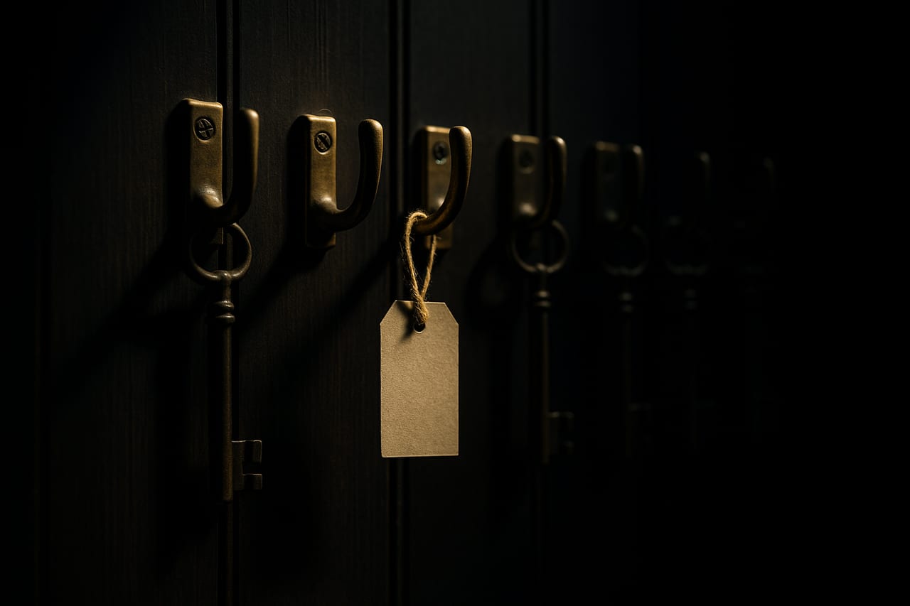 A row of brass key hooks in raking light, all holding keys except one that holds only a blank paper tag on a string where a key should be.
