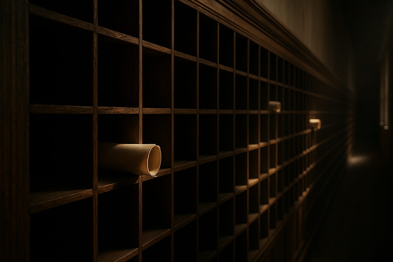 A long row of wooden pigeonhole slots in raking light, most of them empty, with a single rolled scroll resting in three slots spaced far apart.