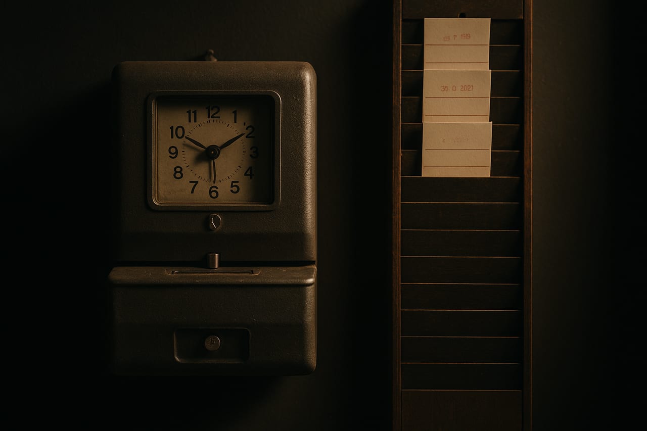 A vintage wall-mounted time-clock punch machine beside a rack of cards, only the top few stamped with a date and the rest left blank.