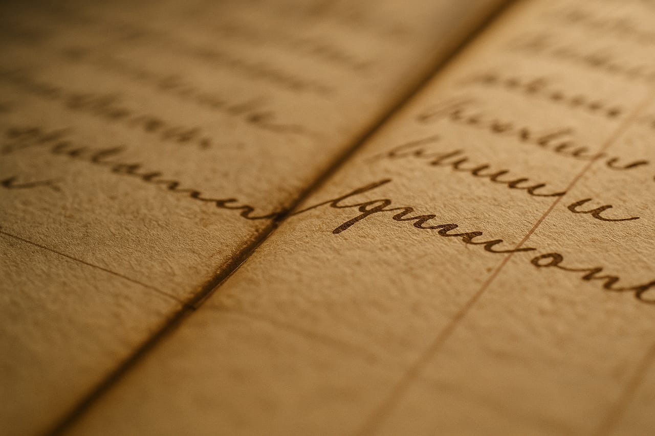 An open ledger where a single line of handwriting runs across the gutter, one entry split by the page break between two facing pages.