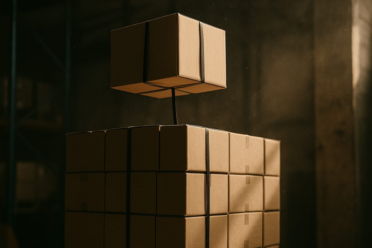 A single parcel lifted from a stacked warehouse pallet, bound by one strap so the whole pallet rises with it.