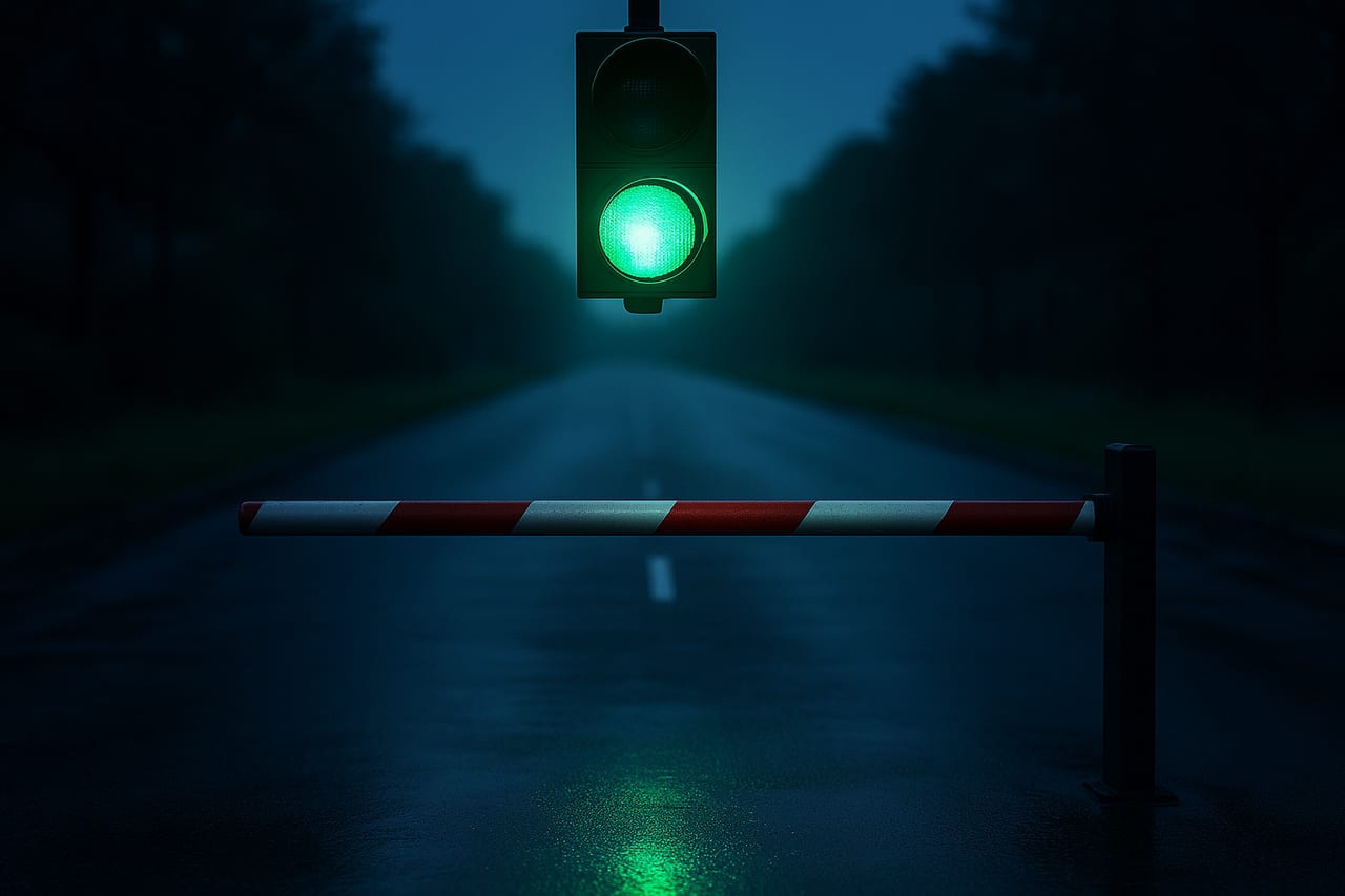 A green traffic light glowing over an empty road at dusk, with a single striped barrier arm lowered across the lane beneath it.